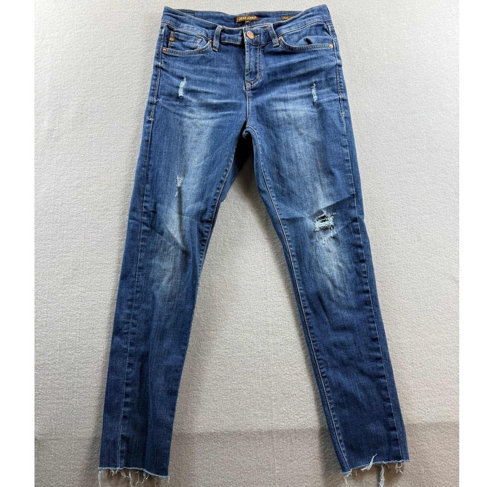 Dear John Gisele Skinny Jeans Women 27 Blue Distressed HighWaisted Raw Hem 30x26